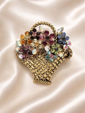 Vintage Gold Floral Basket Brooch Multicolor Crystal Luxury Statement Pin
